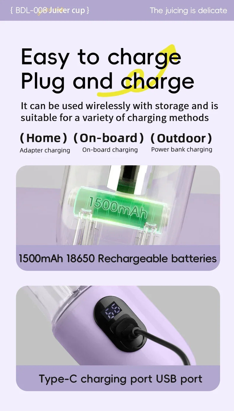 USB Rechargeable Portable Blender Cordless Mini Juicer Mixer for Smoothies Protein Shakes Travel Sports Bottle Juicer Cup