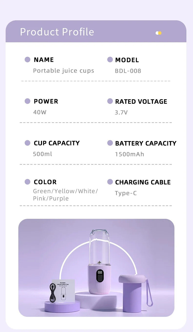 USB Rechargeable Portable Blender Cordless Mini Juicer Mixer for Smoothies Protein Shakes Travel Sports Bottle Juicer Cup