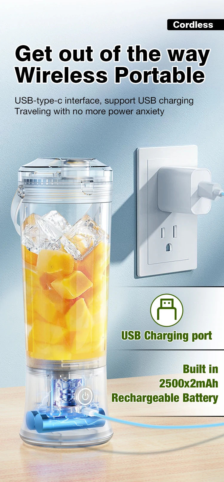 Foombthe Portable Blender Electric Juicer 500ML Fruit Mixers USB Rechargeable Smoothie Mini Blender Multifunction Juice Maker