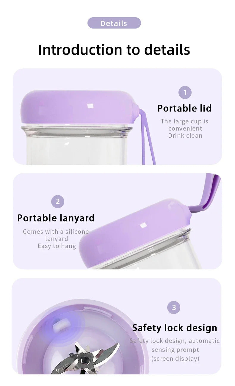 USB Rechargeable Portable Blender Cordless Mini Juicer Mixer for Smoothies Protein Shakes Travel Sports Bottle Juicer Cup