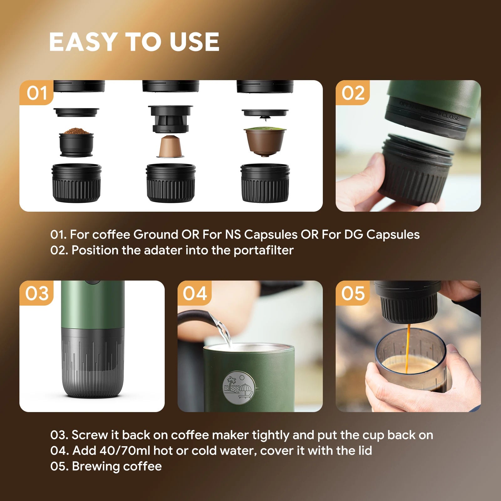 Portable Espresso Machine 3-in-1 Travel Coffee Maker for Camping Hiking Office Self-Heating with USB-C
