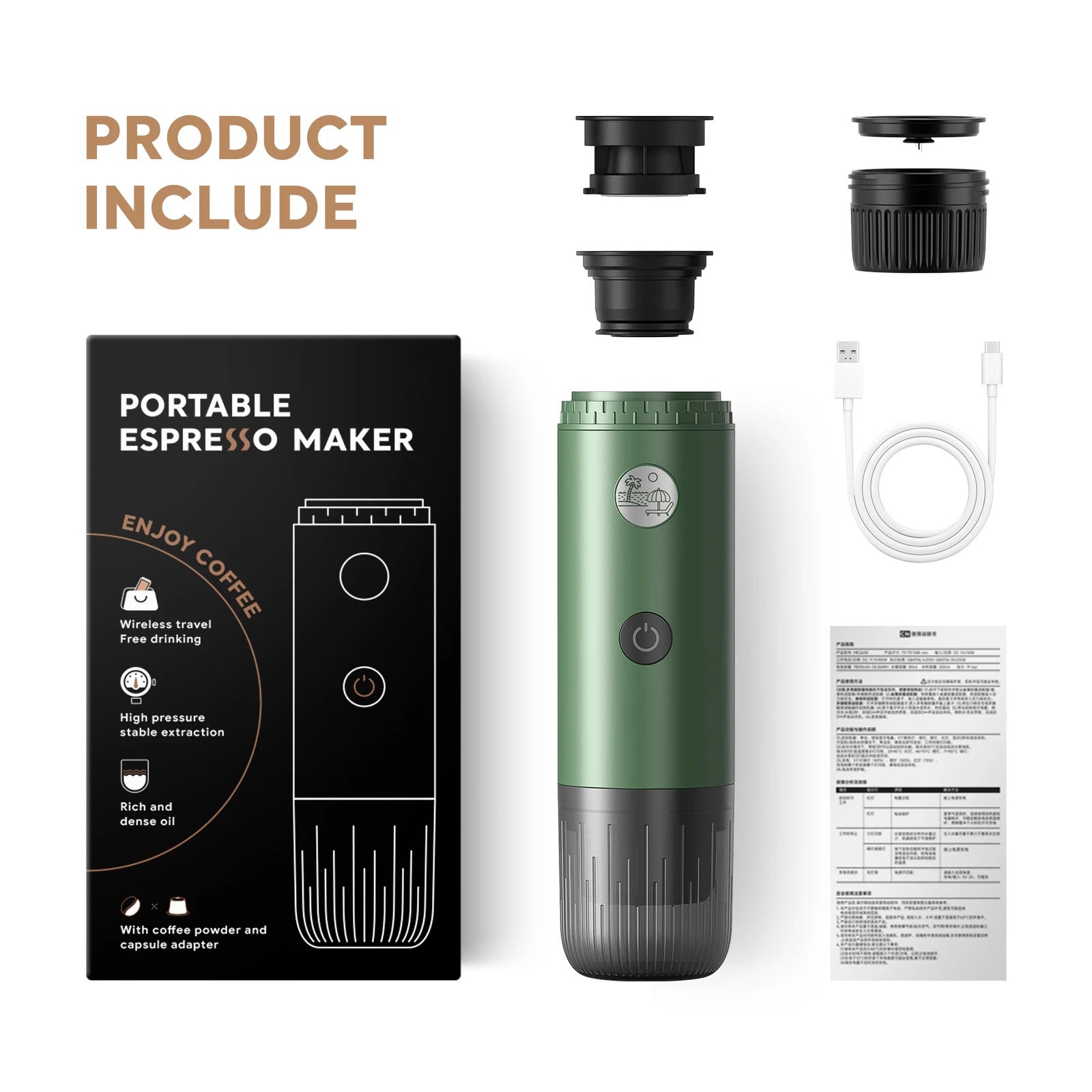 Portable Espresso Machine 3-in-1 Travel Coffee Maker for Camping Hiking Office Self-Heating with USB-C