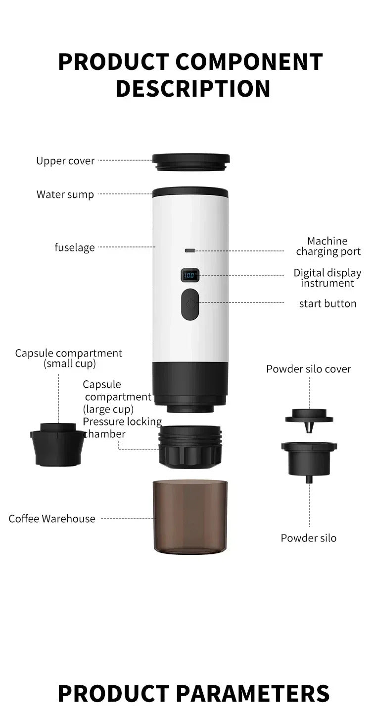 Wireless Electric Portable Espresso Coffee Machine for Car and Family Camping Coffee Machine Capsule Powder Travel